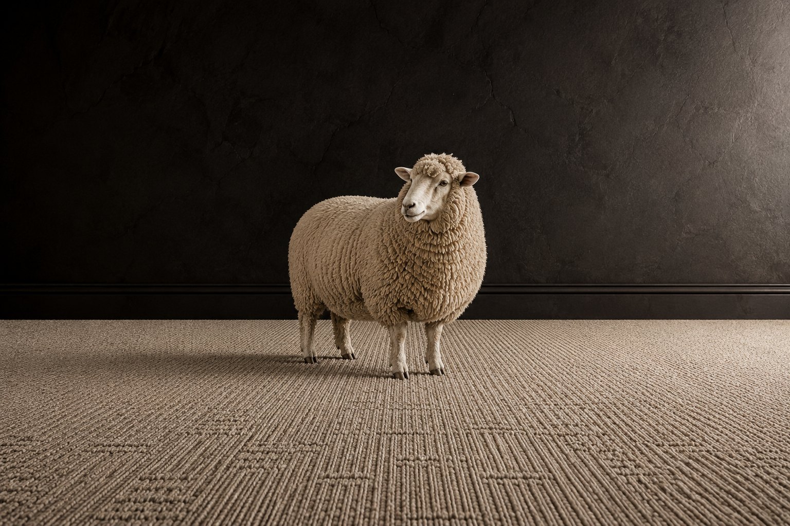 A New Zealand Romney sheep in full fleece standing on textured Fieldmark wool carpet in a dark studio — fibre and floor from the same chain