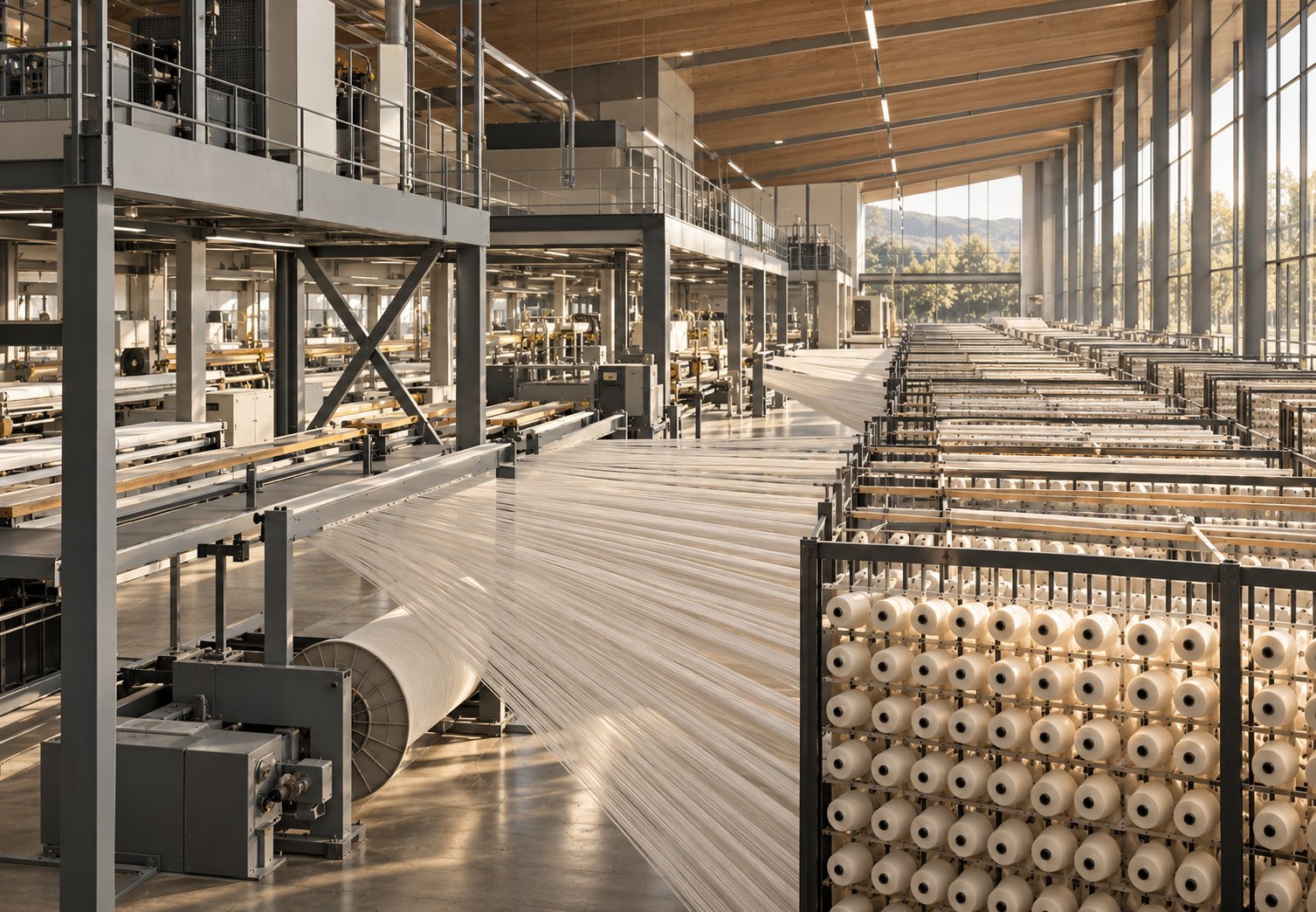 Cream wool yarn running from a creel of cones toward the carpet loom on the floor of Fieldmark's American partner mill